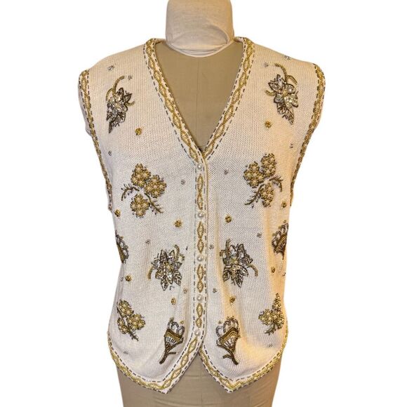 Claudia D Holiday Sweater Vest Women's XL Cream Pearl Gold Silver Beads Christma - Picture 1 of 10